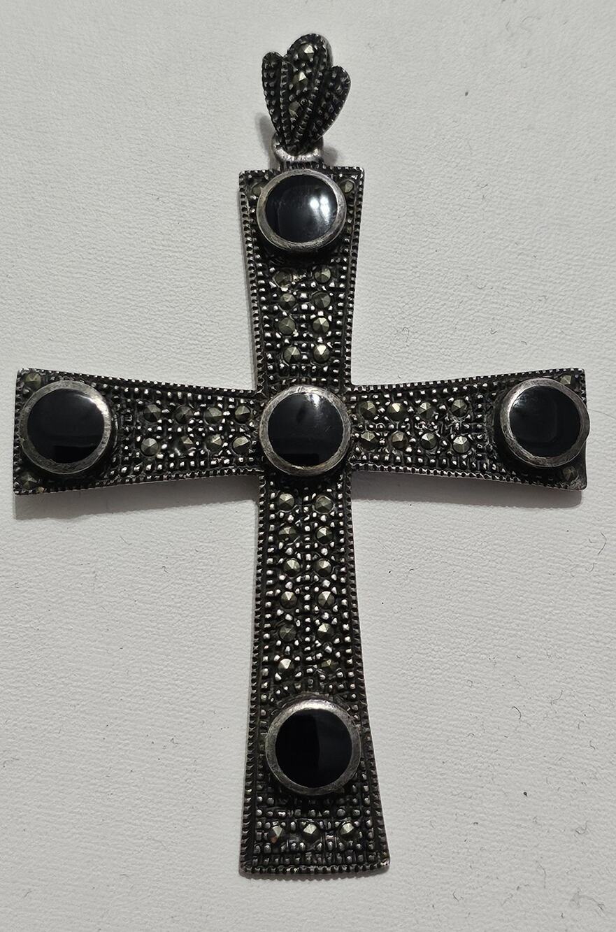 Vintage Sterling Silver Large Onyx Marcasite Cross Pendant